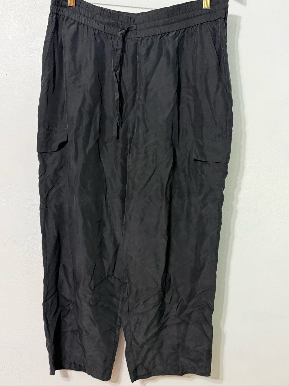 Eileen Fisher Black Wide-Leg Cargo Drawstring Pants Petite Large 100% Silk - Picture 4 of 11
